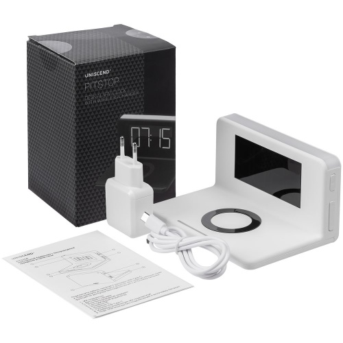 Часы настольные с беспроводным зарядным устройством Pitstop, белые фото 10 Часы настольные с беспроводным зарядным устройством Pitstop, белые фото 10