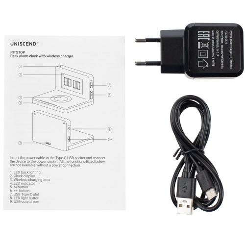 Часы настольные с беспроводным зарядным устройством Pitstop, черные фото 7 Часы настольные с беспроводным зарядным устройством Pitstop, черные фото 7