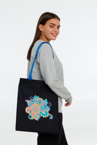 Холщовая сумка «Узор», черная с ярко-синими ручками фото 5